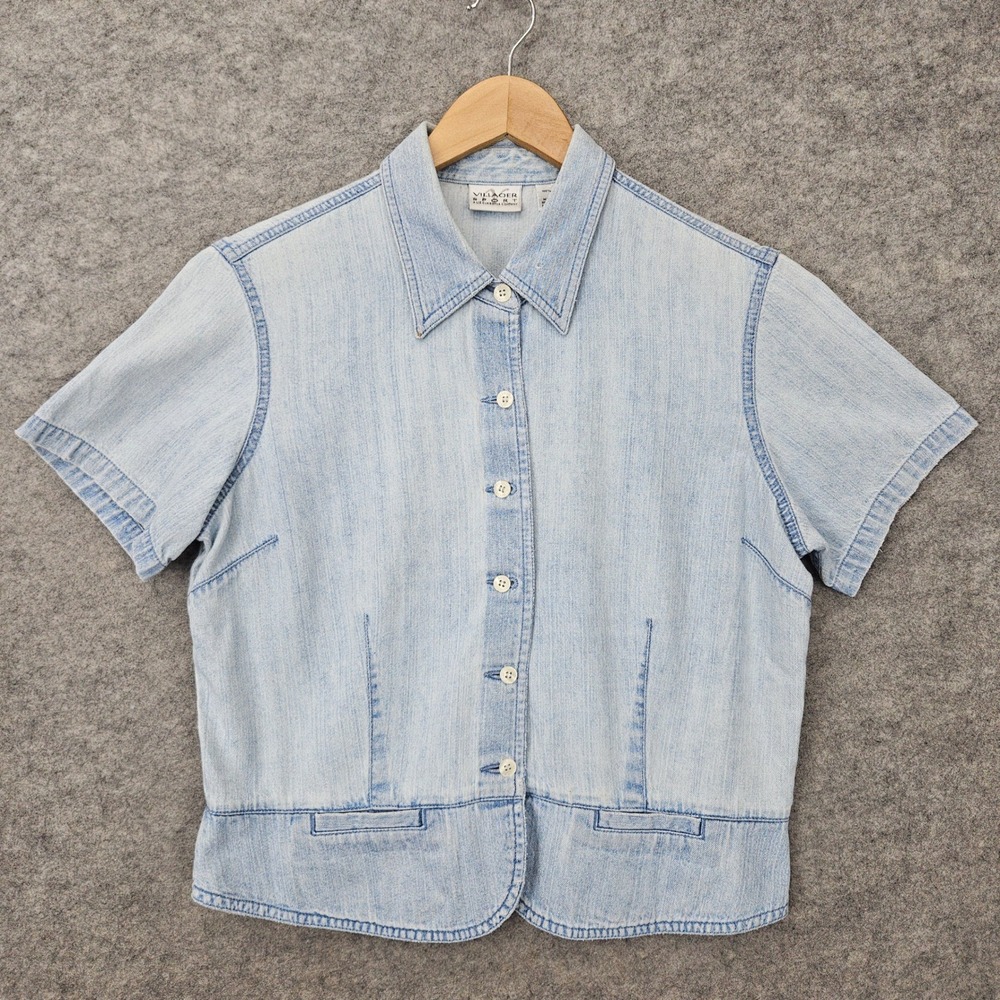 Villager Sport Denim Shirt Women's Large Light Blue Short Sleeve Cotton FLAWED